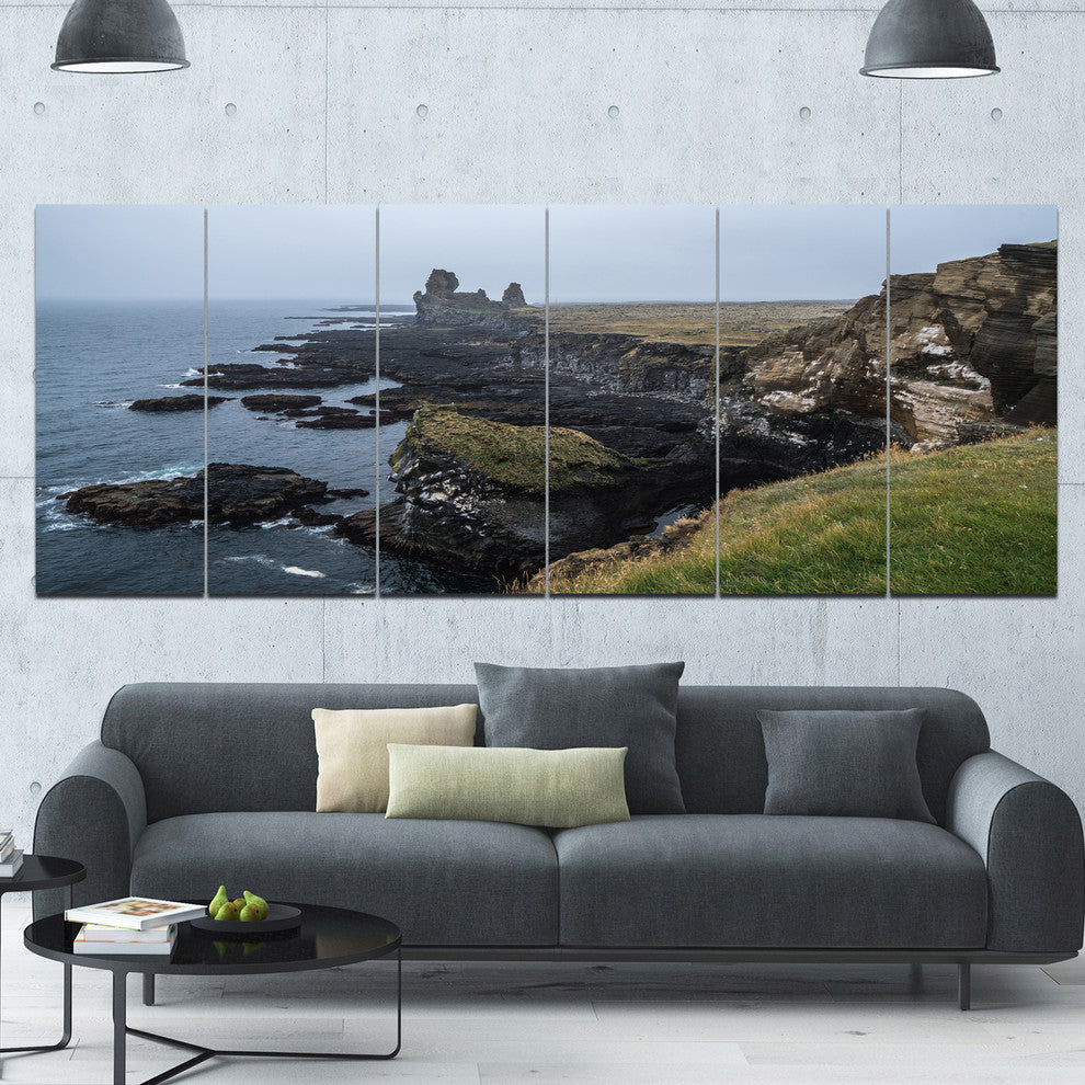 Rocky and Scenic Iceland Beach, Landscape Canvas Art Print, 70"x28", 6 Panels