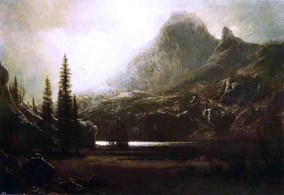Albert Bierstadt By a Mountain Lake, Gallery Wrapped Canvas Print, 18"x27"