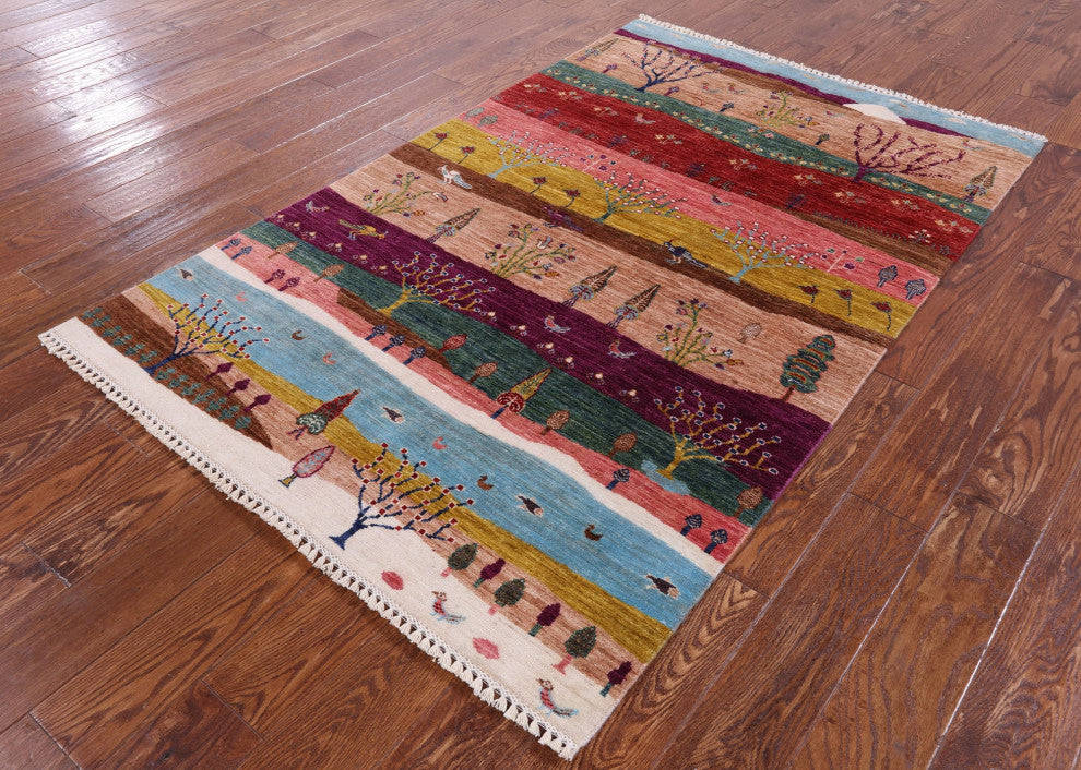 Persian Gabbeh Tribal Hand Knotted Rug 4' 0" X 6' 2" Q9575