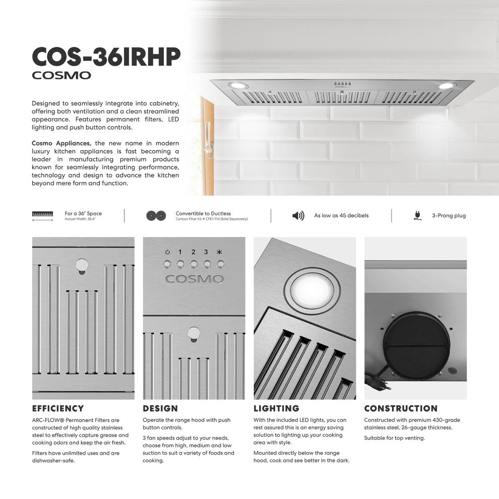 Cosmo 36" Insert Range Hood With Push Button Controls, Stainless Steel