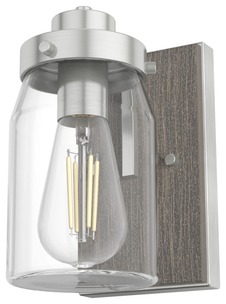 Devon Park Brushed Nickel and Grey Wood With Clear Glass 1 Light Sconce Wall