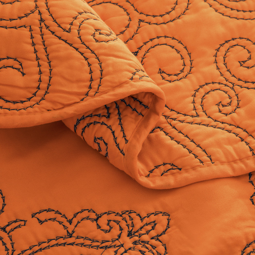 Damask Embroidered Quilted 4 Piece Bed Spread Sets, Nectarine, King