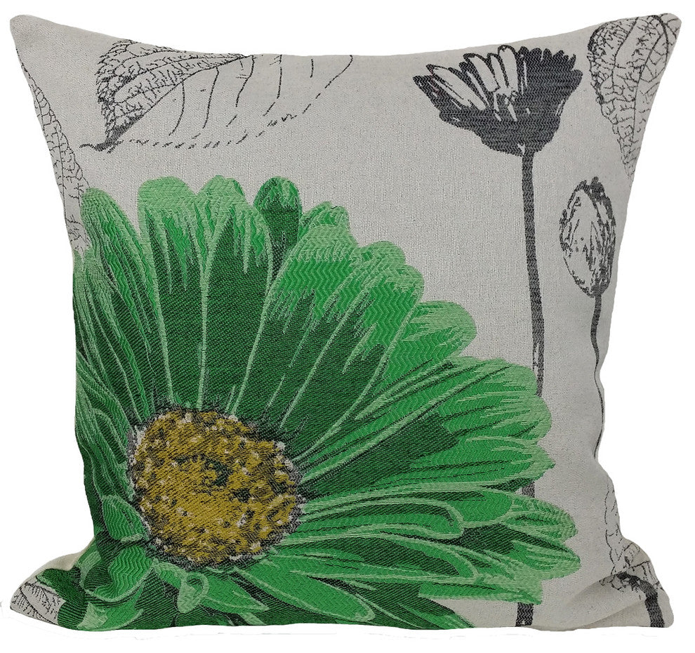 Flower Emboridery Collection with Feather Filled Pillow, Green, 18"x18"