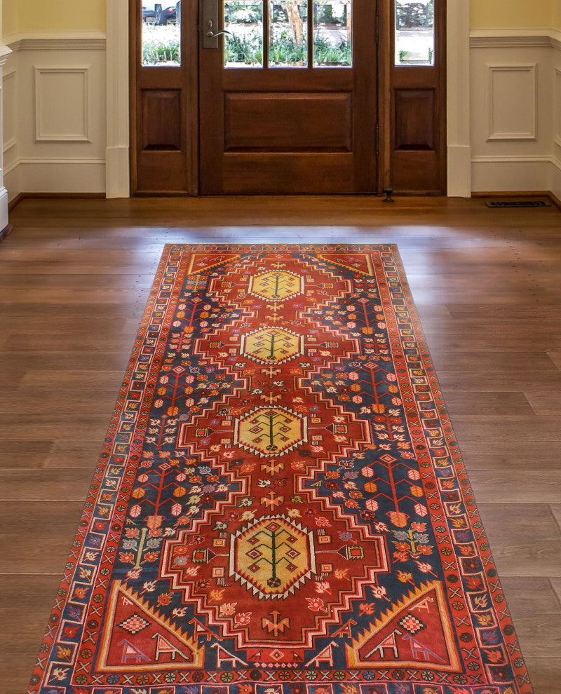Fine Vintage Distressed Birche Burgundy/Navy Runner, 4'10x10'6