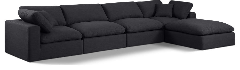 Comfy Upholstered L-Shaped Modular Sectional, Black, 5-Piece: 2 Armless Chair, 2 Corner Chair, 1 Ottoman, Linen Textured Fabric