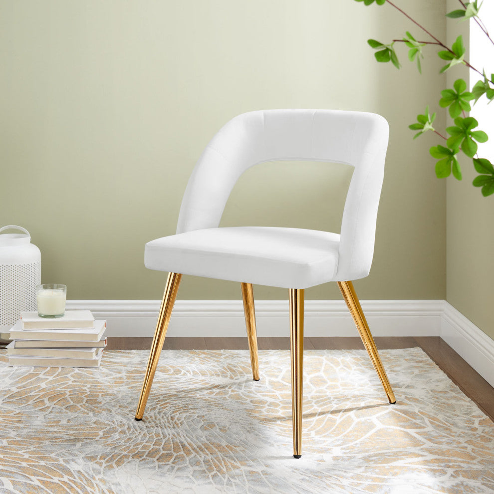 Dining Chair, White Gold, Velvet, Modern, Mid Century Cafe Bistro Hospitality