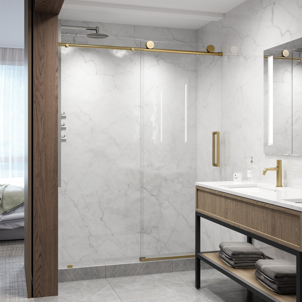 VIGO Elan Frameless Sliding Shower Door, V-Motion, Clear Glass, Matte Brushed Gold, 56" to 60" W X 76" H