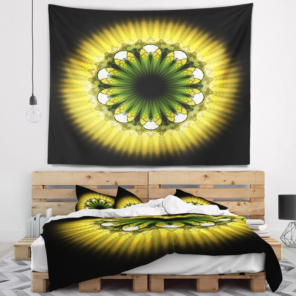 Black Yellow Fractal Flower Pattern Abstract Wall Tapestry, 39"x32"