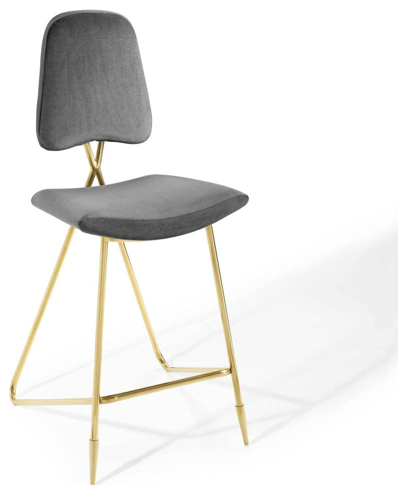 Set of 2 Modern Bar Stool, Golden Base With Footrest & Soft Velvet Seat, Gray