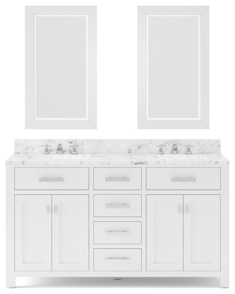 Madison Pure White Bathroom Vanity, 60", Two Mirrors, Two Faucets