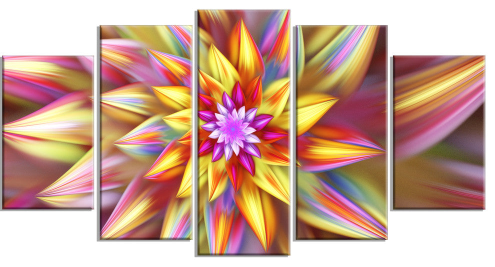 Multi Color Alien Fractal Flower, Floral Canvas Art Print, 60"x32", 5 Panels