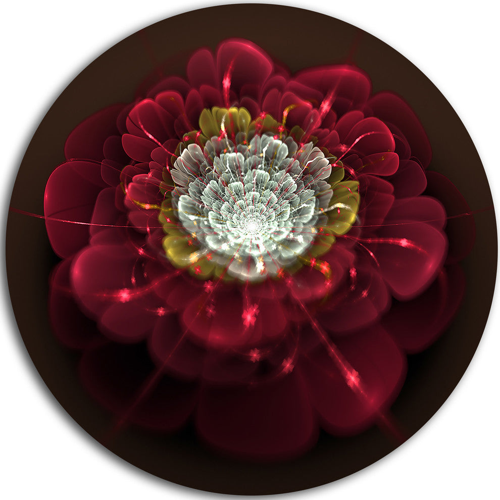 Red Fractal Flower With White, Floral Digital Disc Metal Artwork, 11"