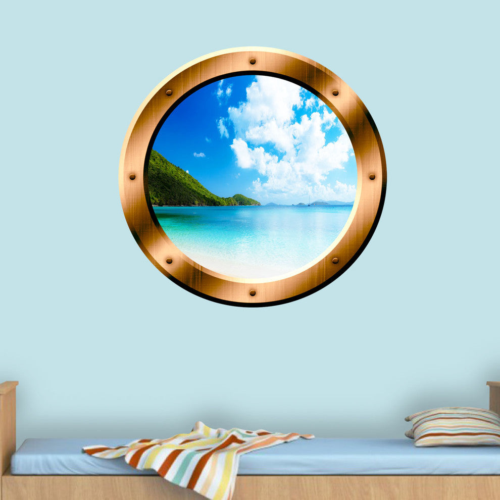 Sea Porthole Ocean View Wall Decal Peel And Stick Mural, 20" Diameter