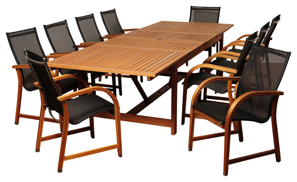 Affleck 11-Piece Eucalyptus Extendable Rectangular Patio Dining Set, Dark Brown
