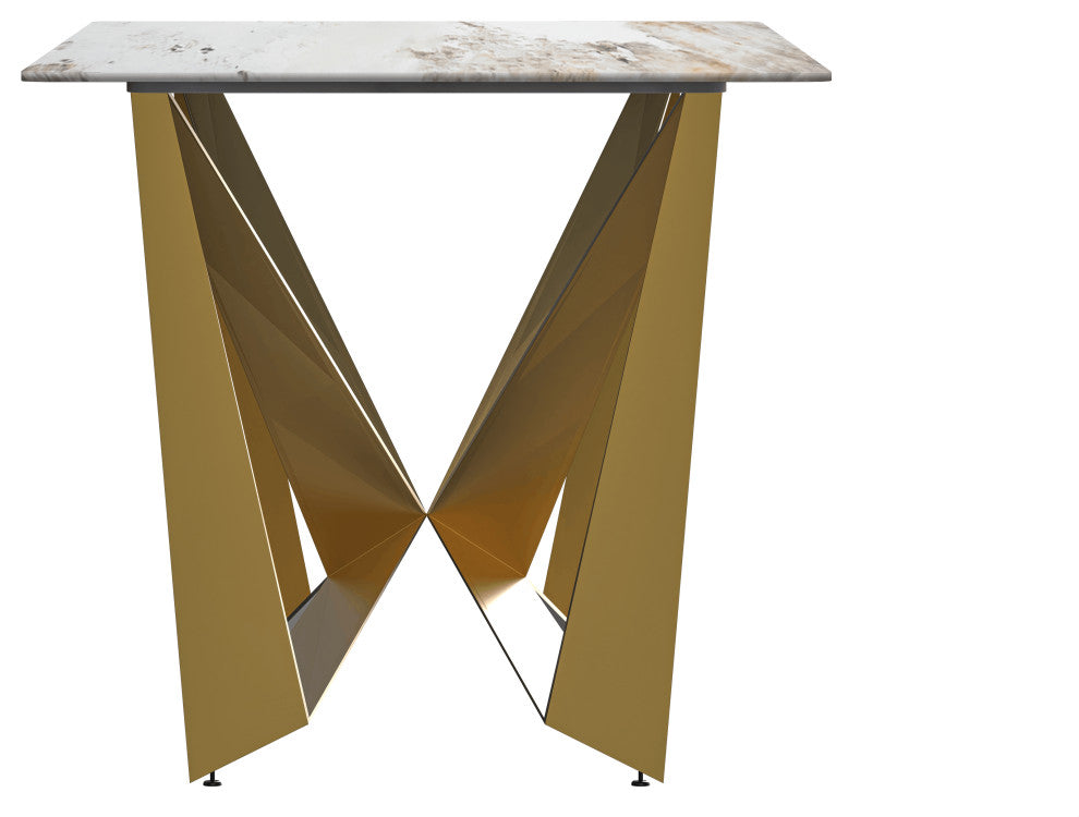 LeisureMod Nuvor Dining Table With Rectangular Top and Gold Steel Base, White Gray, 55 Inch