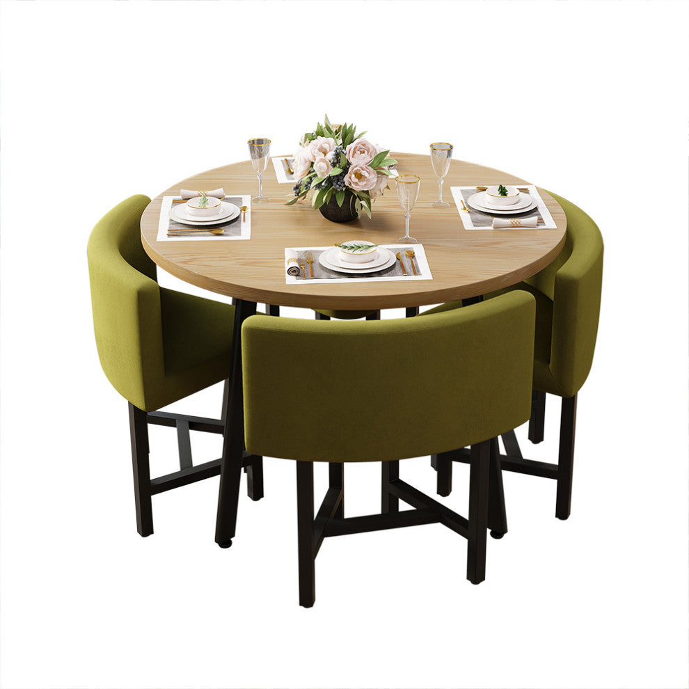 40" Round Wooden 4 Seater Dining Table Set Upholstered Chairs for Nook Balcony, Yellow