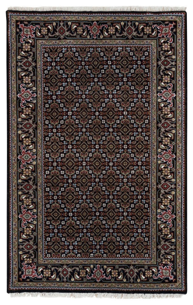 Eerie Black Wool 175 KPSI Mahi Tabriz Hand Knotted Oriental Rug, 3'1"x5'1"