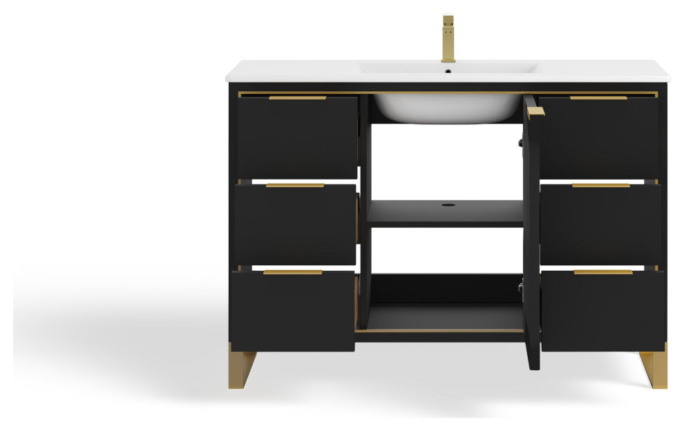 Bradford Bath Vanity, Black Matte, 48", Satin Brass Hardware, Single Sink, Freestanding