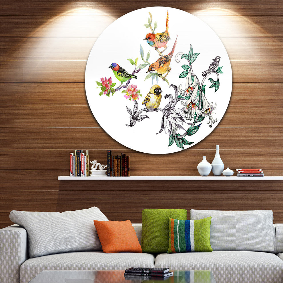 Tropical Flowers And Birds, Birds Large Disc Metal Wall Art, 23"