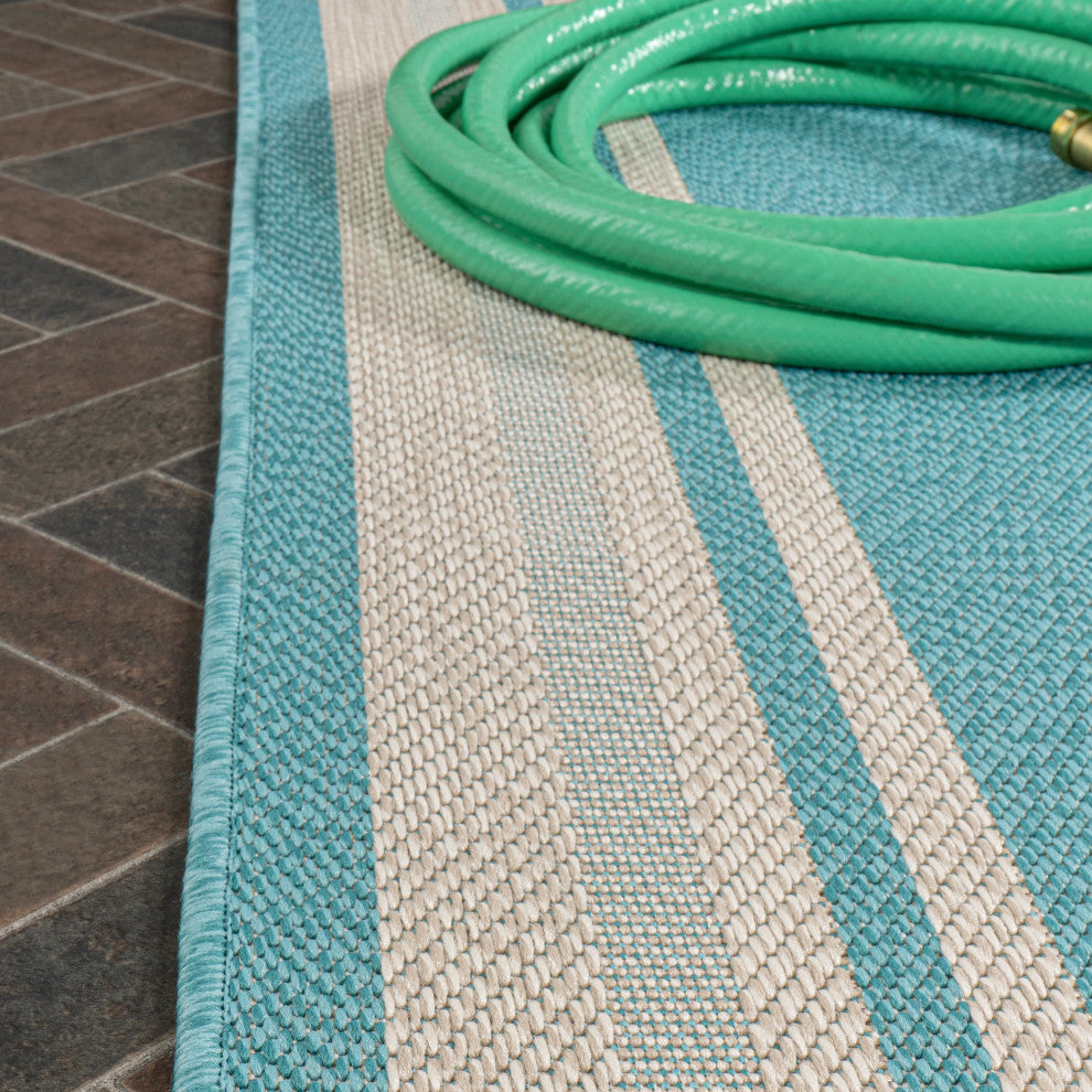 James Modern Border Stripe Indoor/Outdoor Area Rug, Aqua/Beige, 8x10
