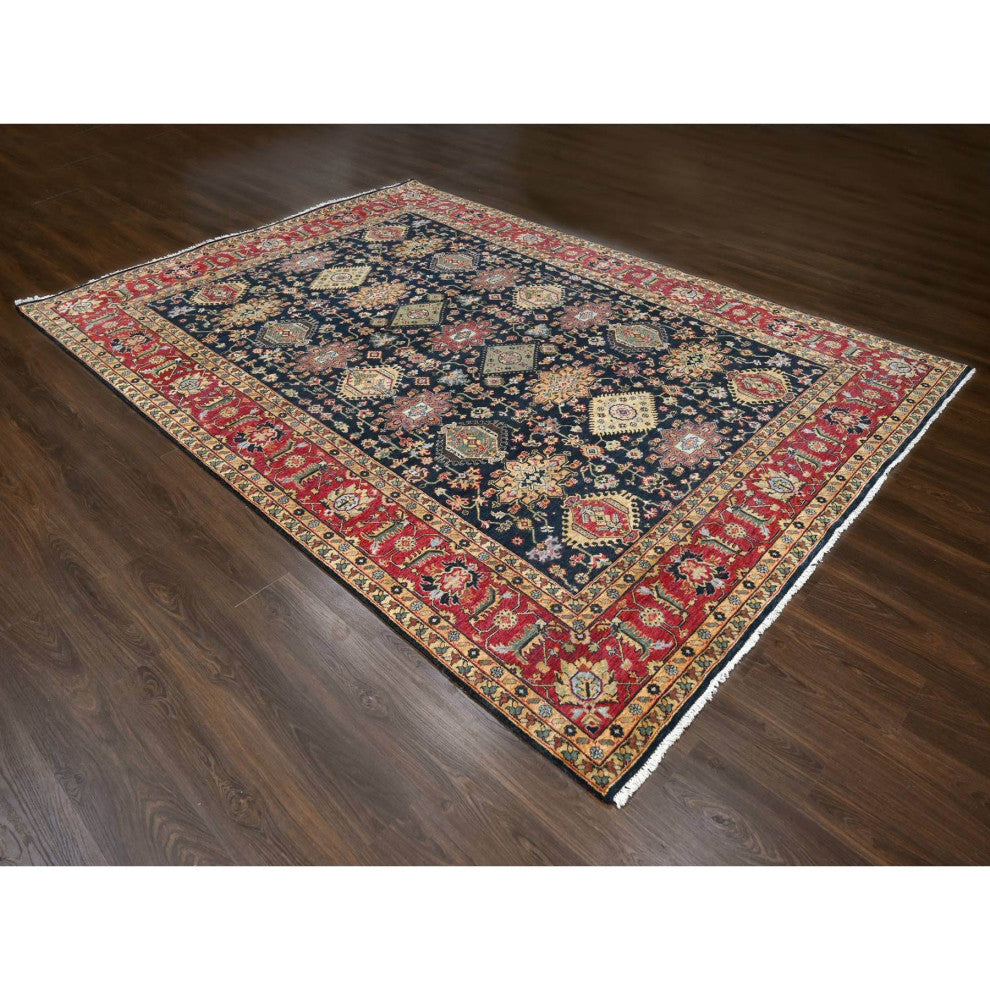Carbon Black Wool Karajeh With All Over Pattern Hand Knotted Rug, 9'x11'11"