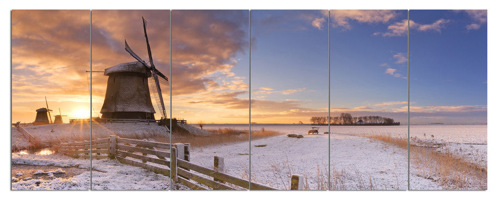 Dutch Windmills at Sunrise, Abstract Canvas Art Print, 70"x28", 6 Panels