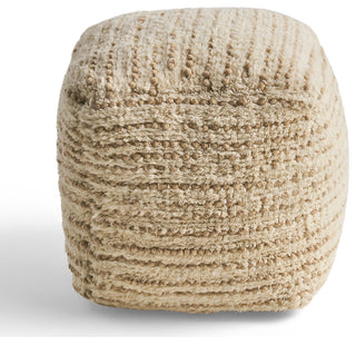 Leila Boho Wool and Cotton Ottoman Pouf, Ivory, Beige