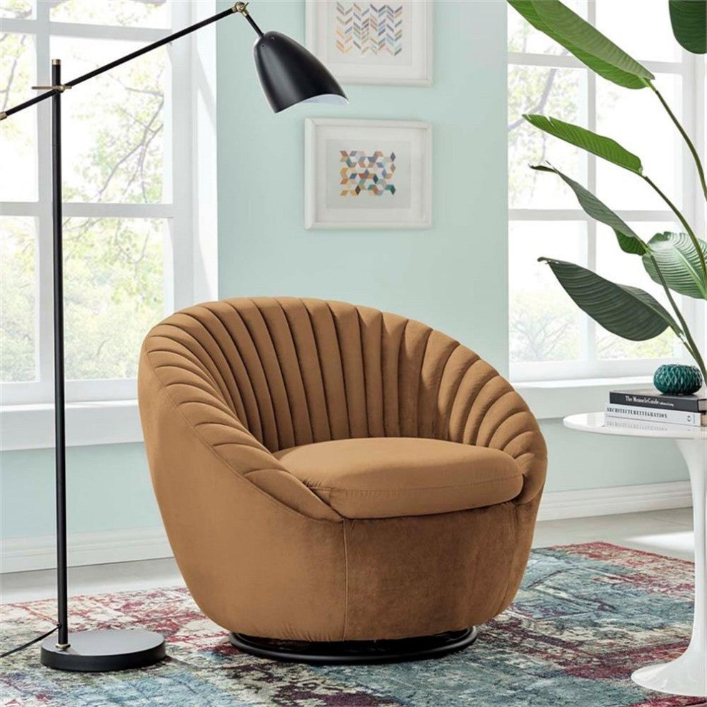 Whirr Tufted Performance Velvet Performance Velvet Swivel Chair, Black Cognac