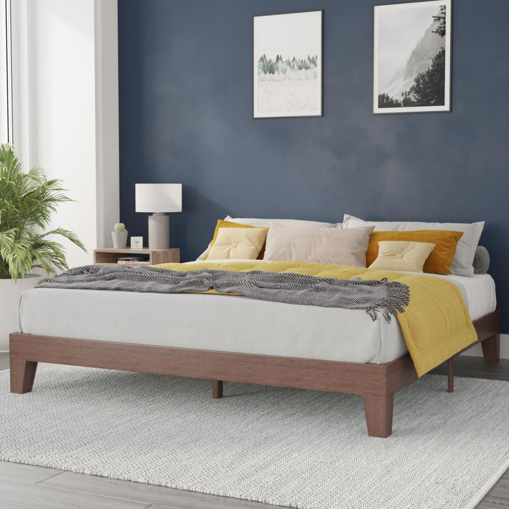 Evelyn Wood Platform Bed with Wooden Support Slats, No Box Spring Required, Walnut, King