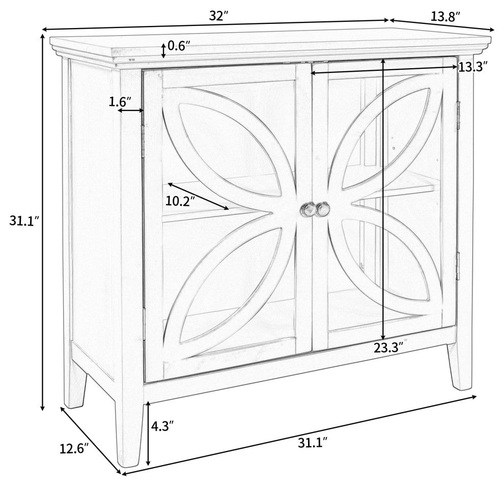 Wood Double Transparent Door Accent Cabinet with Adjustable Shelf, White, 32" X