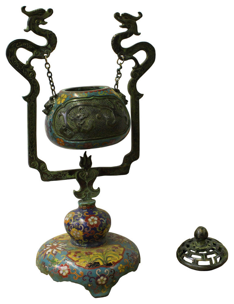 Chinese Metal Blue Enamel Cloisonne Dragon Incense Burner Figure
