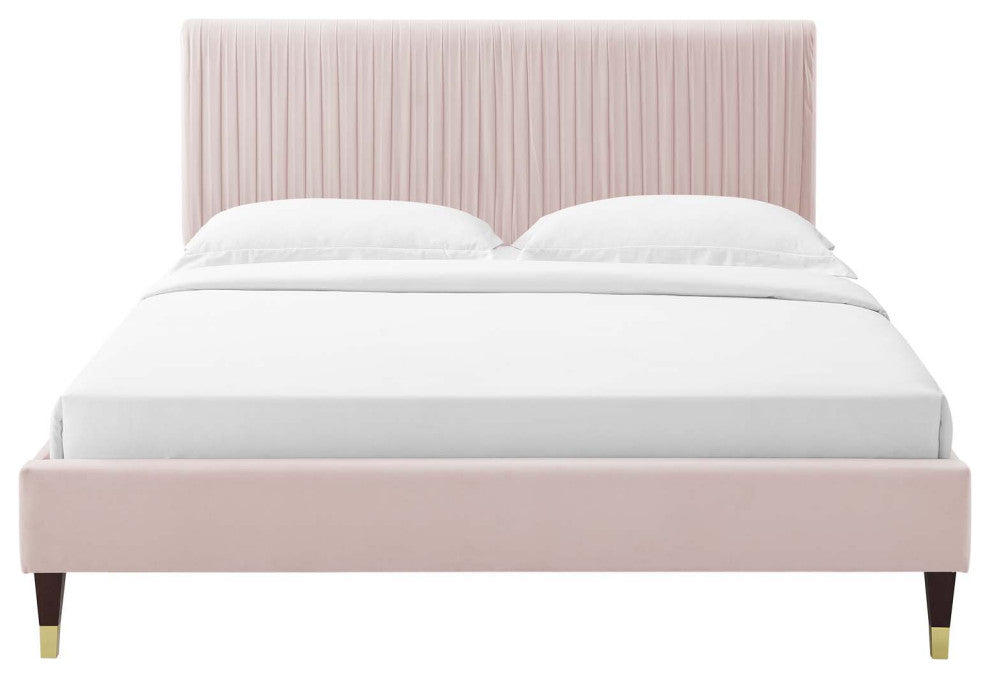 Platform Bed Frame, Full Size, Velvet, Pink, Modern Contemporary, Bedroom Master