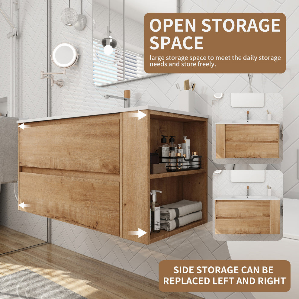 36" Plywood Wall Mounted Bath Vanity Set, Imitative Oak, Gel Basin