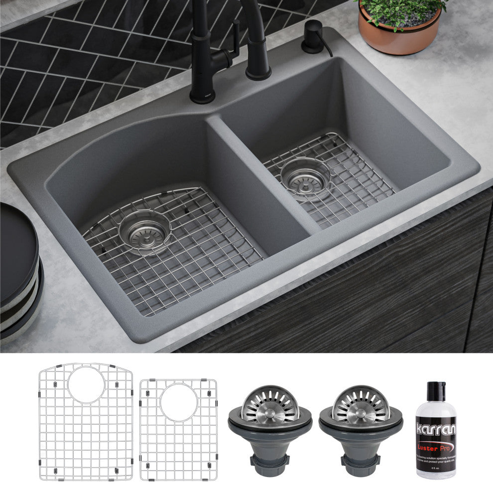 Karran Drop-In Quartz 33" 1-Hole 60/40 Double Bowl Sink Kit, Grey