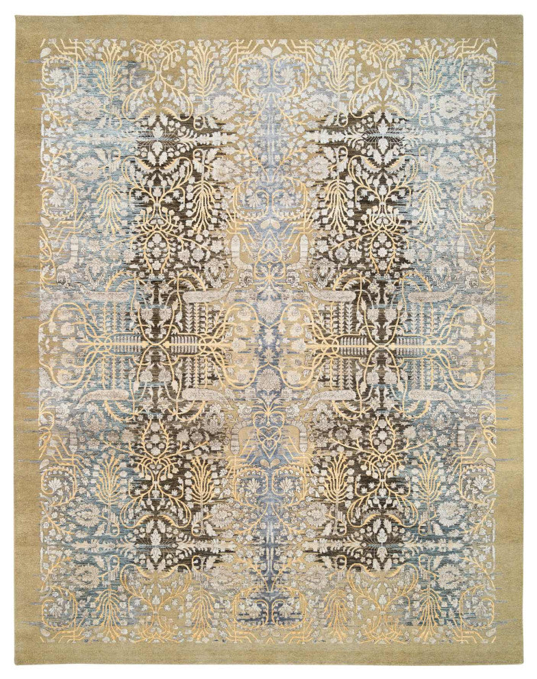 Honey Brown, Silk With Textured Wool, Hand Knotted, Oriental Rug, 9'2" x 12'0"