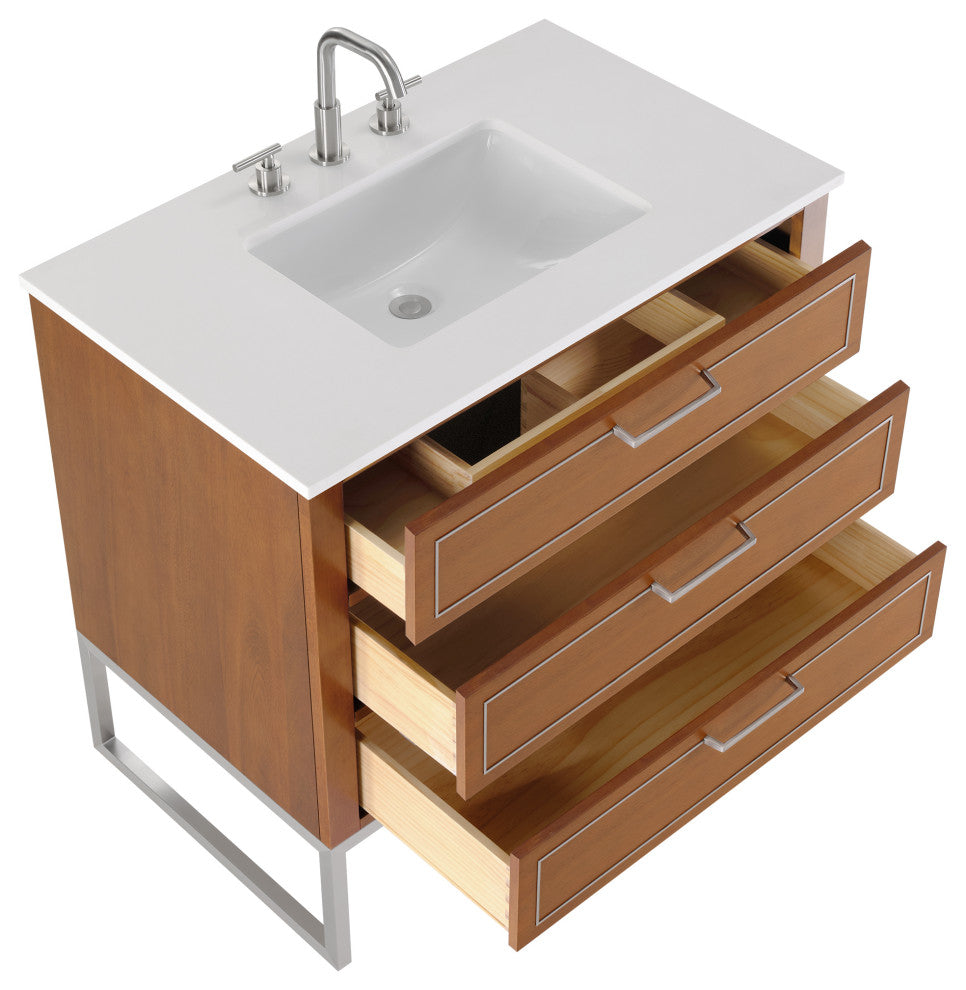 Markham Bathroom Vanity, Walnut/Brushed Nickel, 36", White Quartz Top