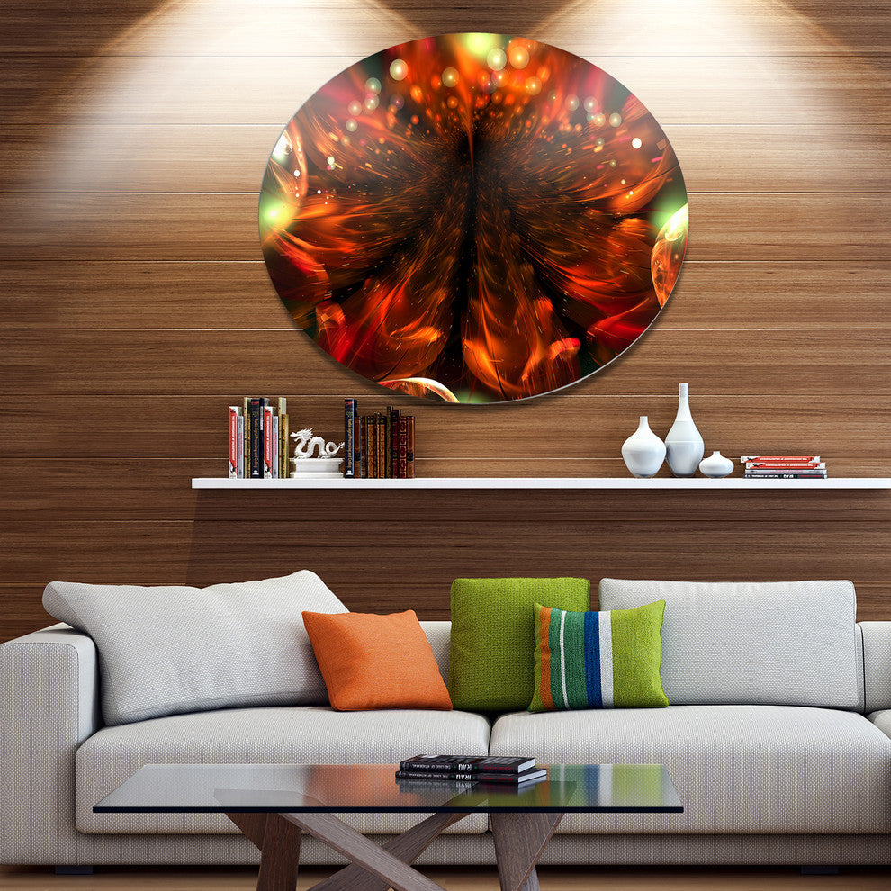 Abstract Fractal Orange Flower, Modern Floral Round Wall Art, 23"