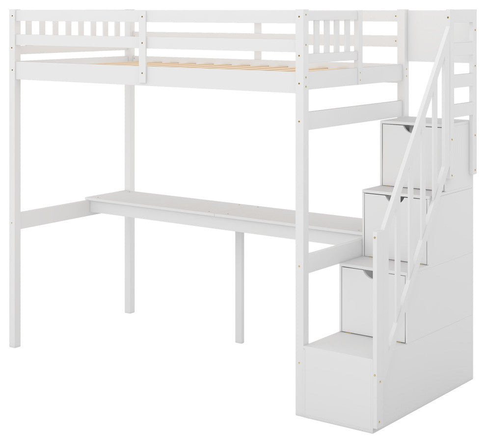 Gewnee Twin Size Loft Bed with Storage Staircase and Built-in Desk in White