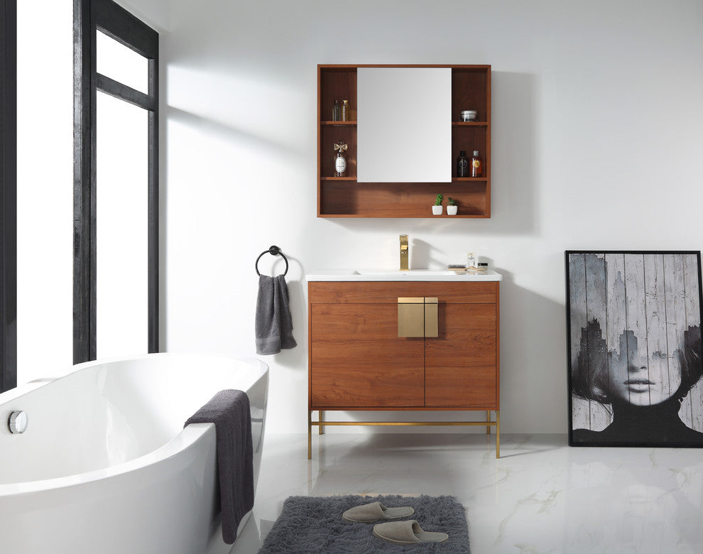 Modern Wallnut Bathroom Vanity Set, Satin Brass Hardware, Vireous China Sink Top