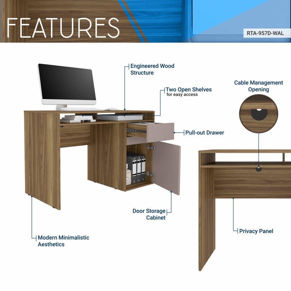 Techni Mobili Home Office Workstation With Storage, Gray, Walnut