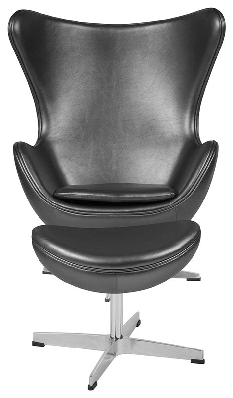 Gray Leather Egg Chair With Tilt-Lock Mechanism And Ottoman