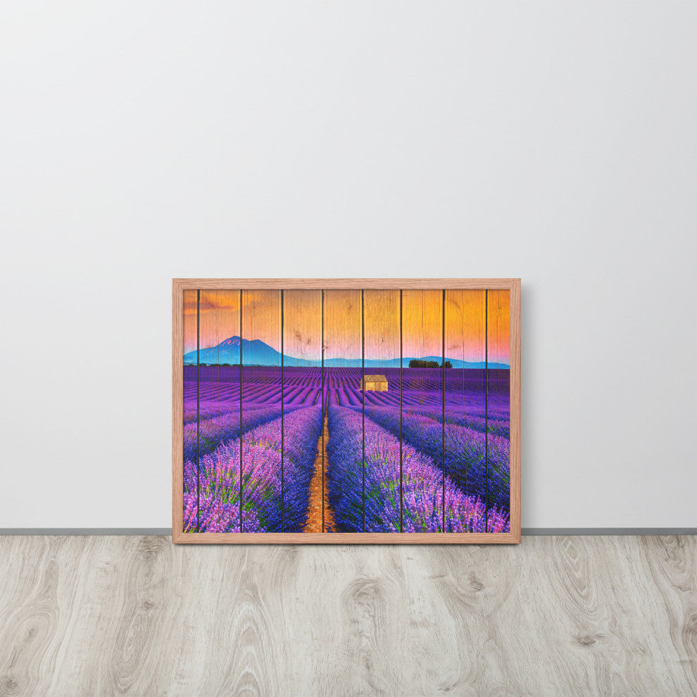 Faux Wood Lavender Fields and Sunset Landscape Framed Photo Paper Wall Art Print, Red Oak, 18" X 24"