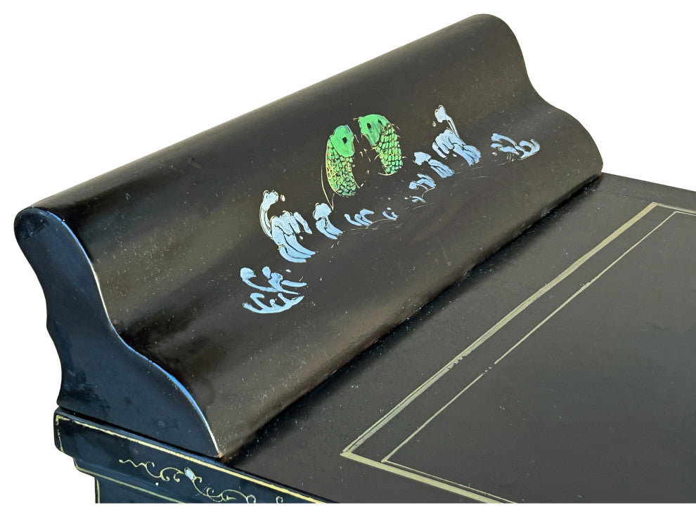 Vintage Chinoiseries Black Stone Inlay Graphic Credenza Storage Cabinet Hws4256