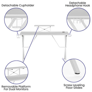 Gaming Desk with Cup Holder, Headphone Hook, and Monitor/Smartphone Stand, White