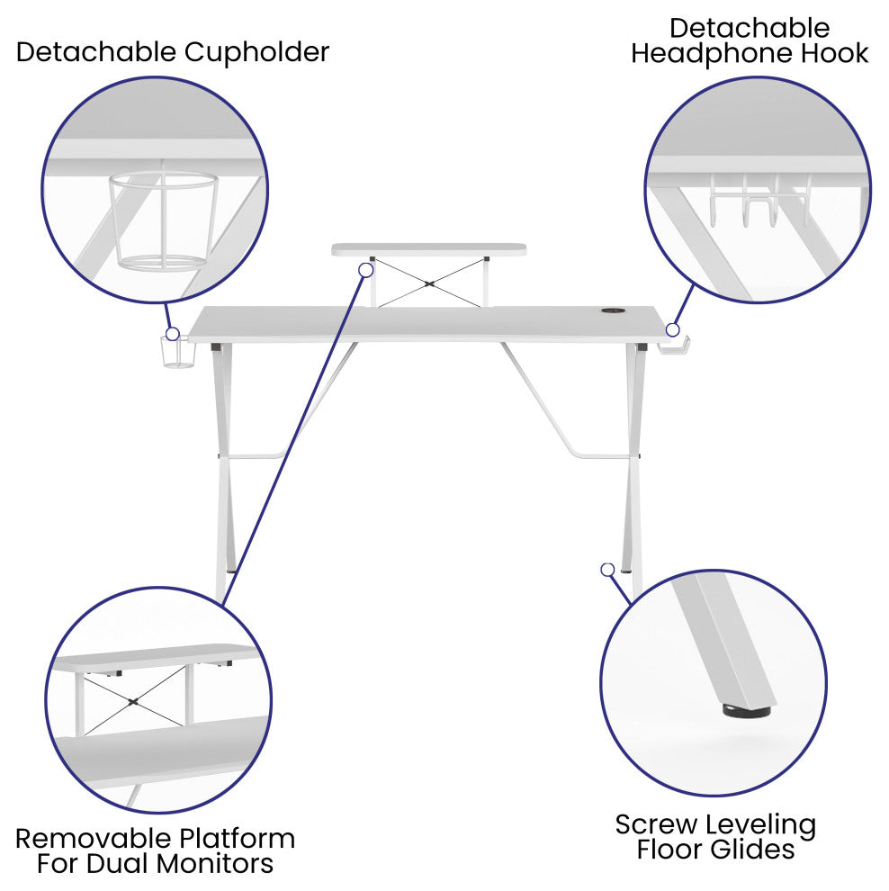 Gaming Desk with Cup Holder, Headphone Hook, and Monitor/Smartphone Stand, White
