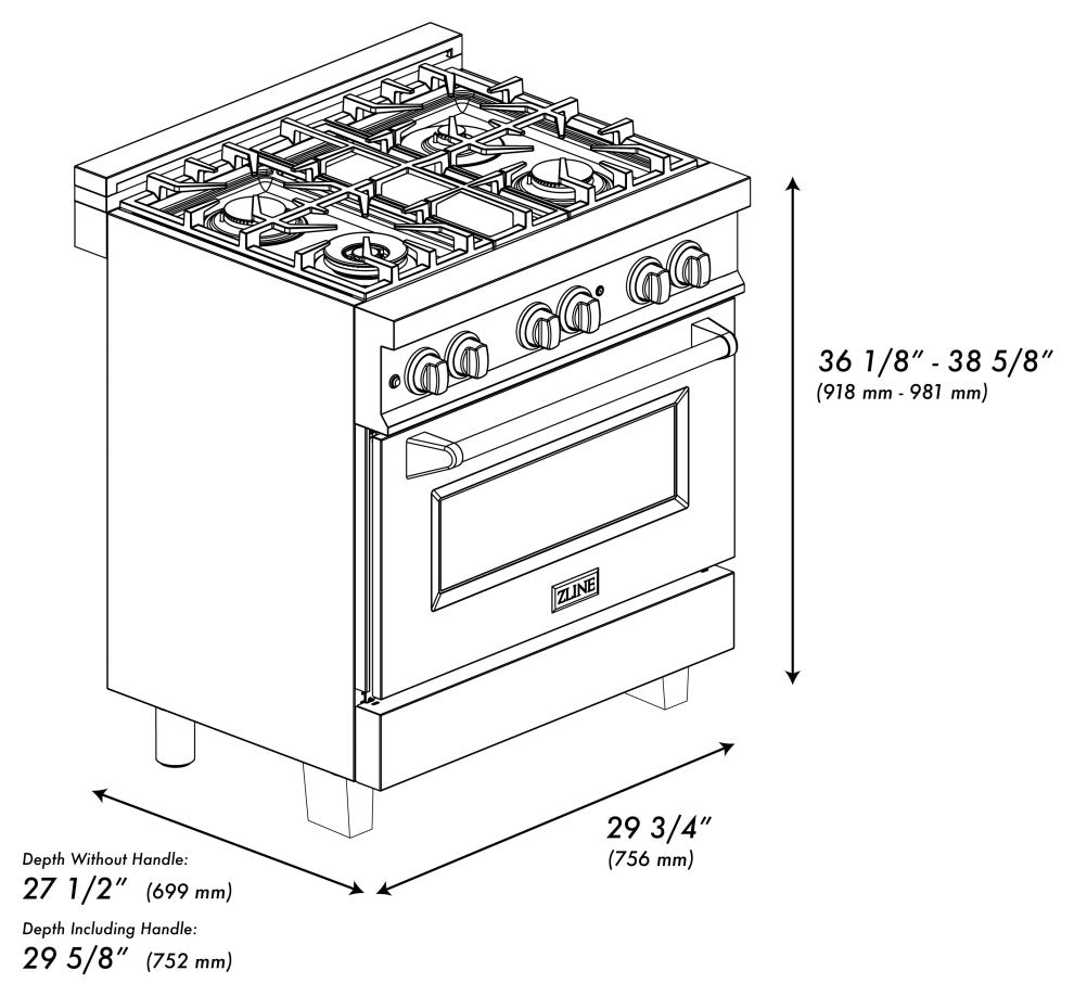 ZLINE 30" Dual Fuel Range, Black Stainless Steel With Gold Accents RABZ-30-G