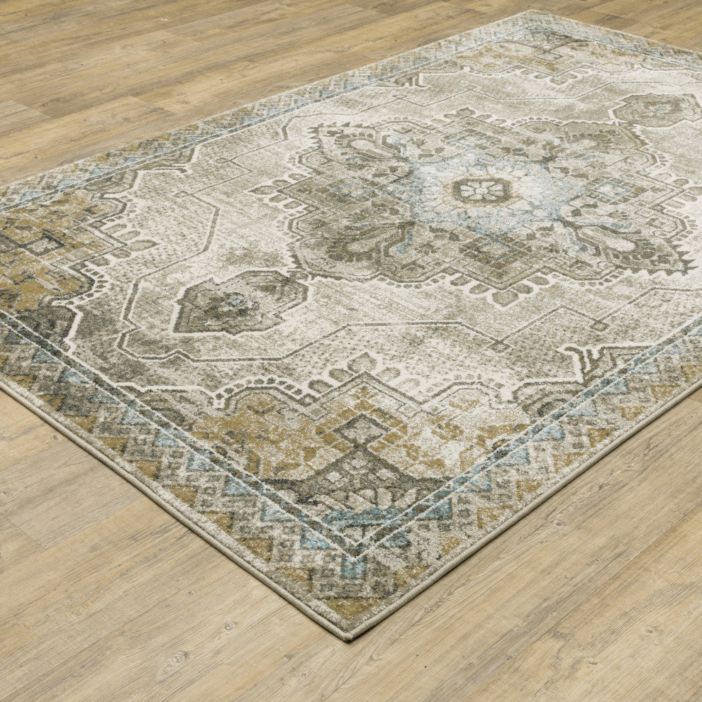 Vander Traditional Jewel Drop Gray/Blue Power-Loomed Area Rug, 7'10"x10'