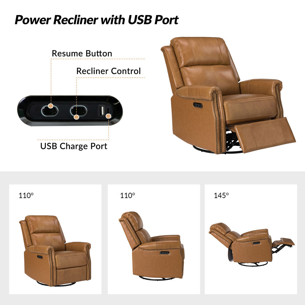 Kaietan Genuine Leather Power Rocking Recliner, Camel