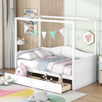 Gewnee Twin Size Canopy Day Bed with 2 Drawers, White