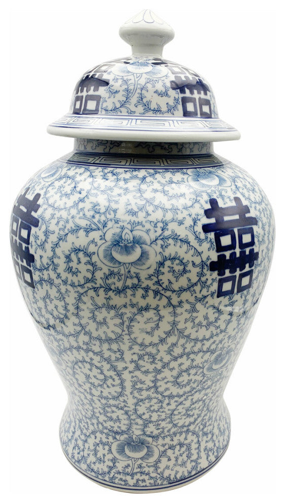 Large Blue And White Temple Jar With Double Happiness Design